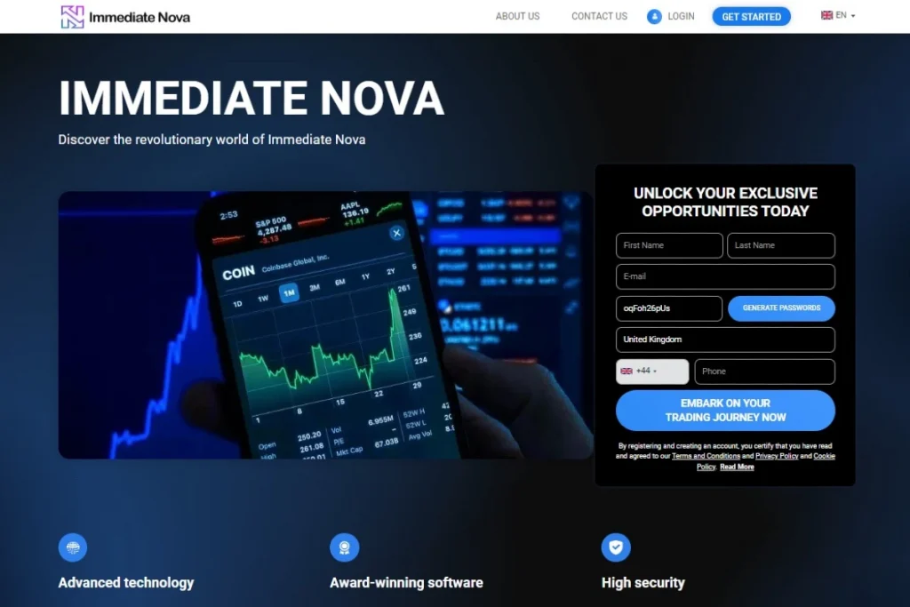 Immediate Nova crypto platfrom website