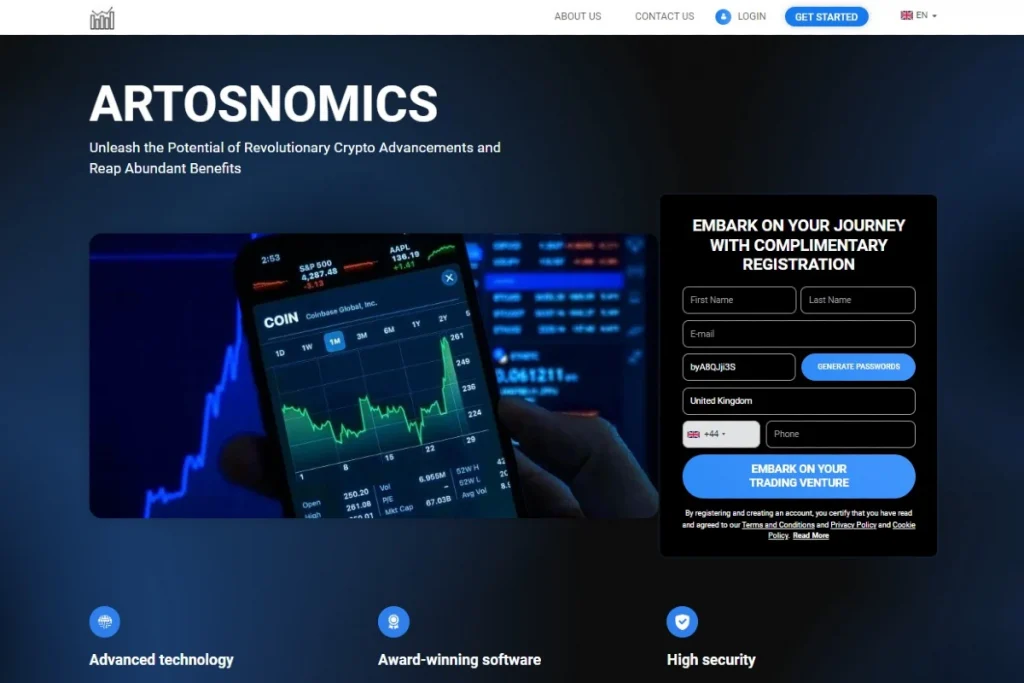 Artosnomics Crypto Trading Platform website